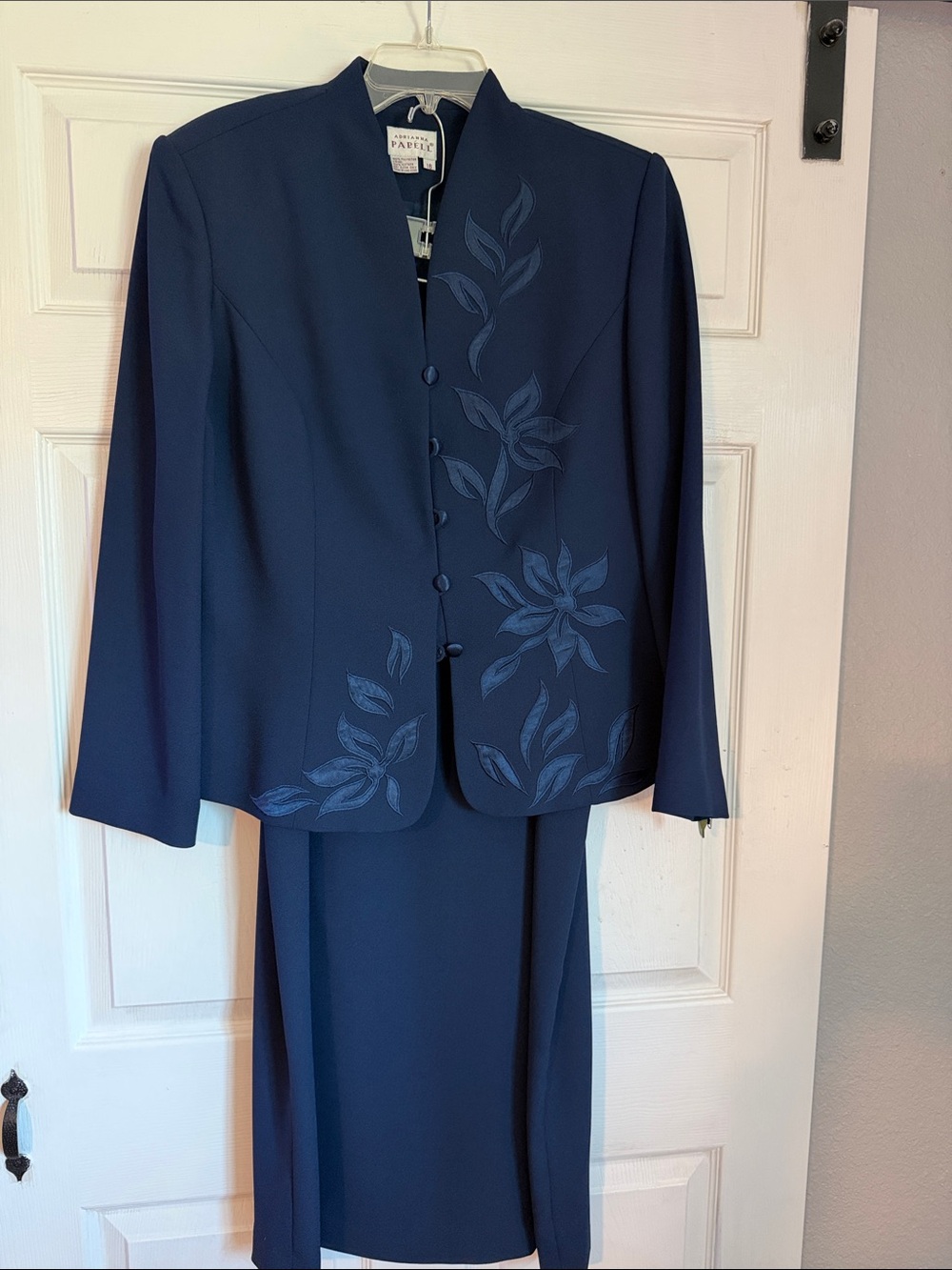 Adrianna Papell Navy Floral Embroidered Skirt Suit